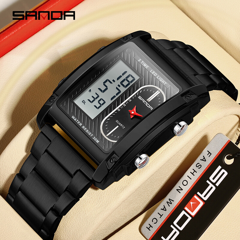 SANDA Fashion Ceas electronic creativ pentru bărbați Afișaj dublu Ceas electronic cu cuarț multifuncțional rezistent la apă Reno Masculino