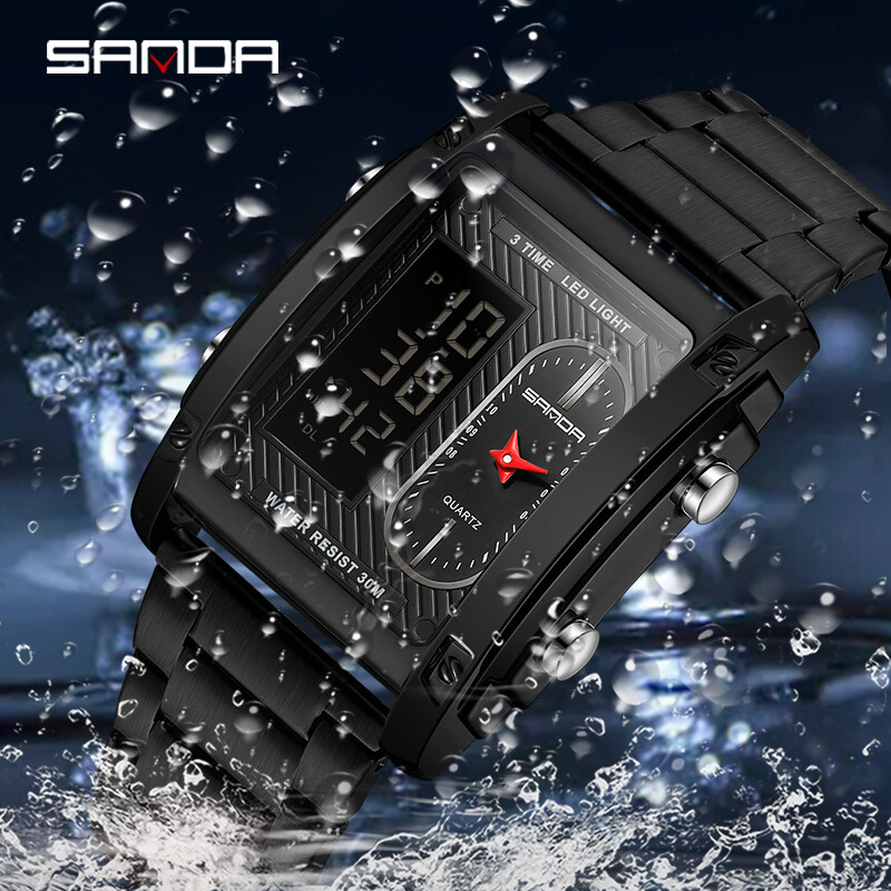 SANDA Fashion Ceas electronic creativ pentru bărbați Afișaj dublu Ceas electronic cu cuarț multifuncțional rezistent la apă Reno Masculino