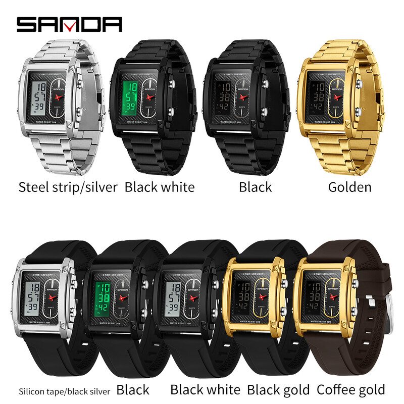 SANDA Fashion Ceas electronic creativ pentru bărbați Afișaj dublu Ceas electronic cu cuarț multifuncțional rezistent la apă Reno Masculino