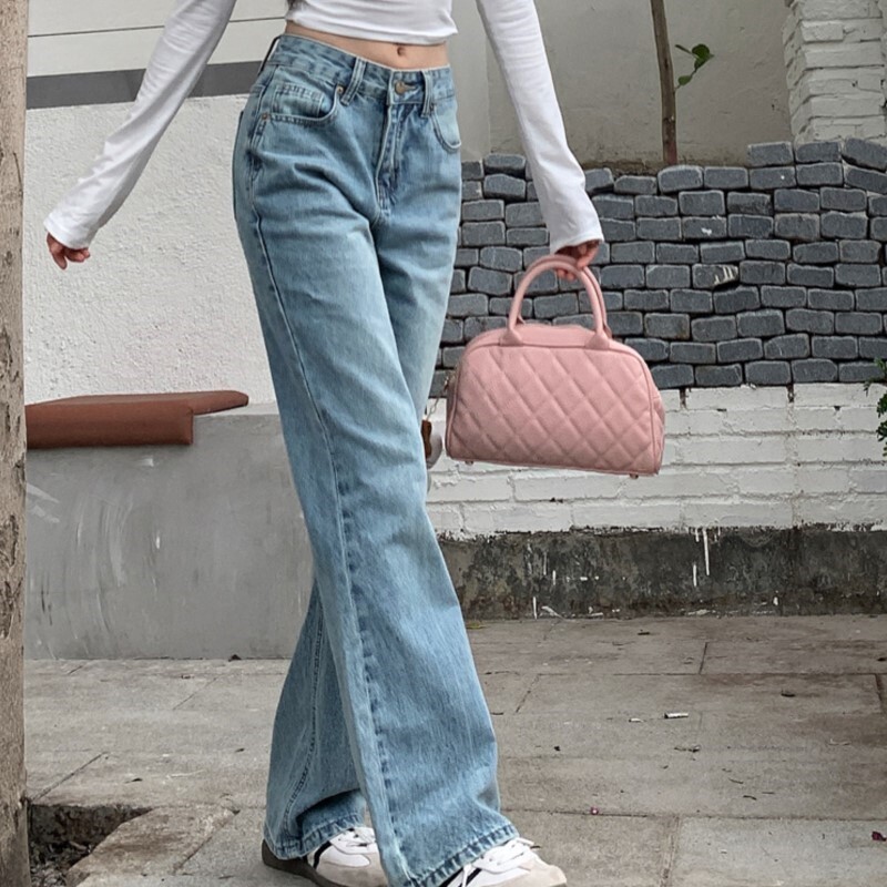 Blugi de damă simpli de modă Pantaloni drepți de denim cu talie înaltă pentru femei Pantaloni de mop albaștri retro Pantaloni lați pentru femei