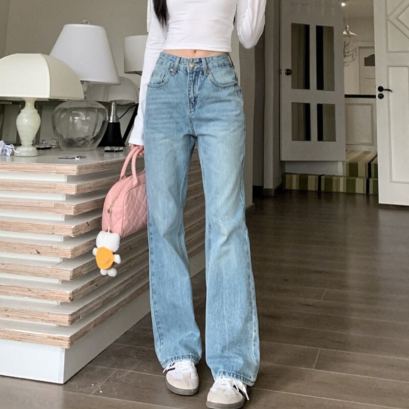 Blugi de damă simpli de modă Pantaloni drepți de denim cu talie înaltă pentru femei Pantaloni de mop albaștri retro Pantaloni lați pentru femei