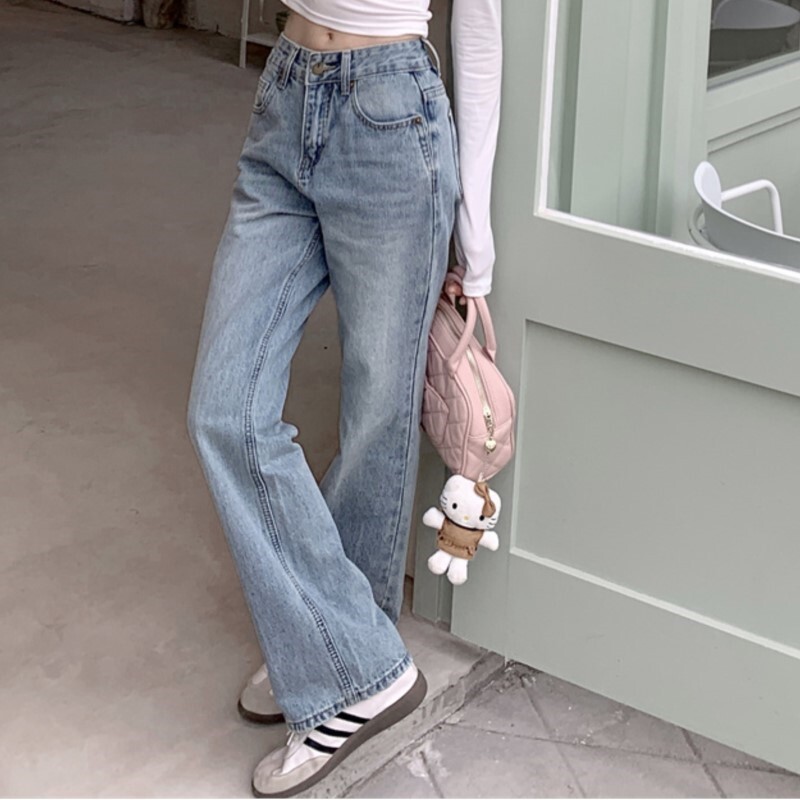 Blugi de damă simpli de modă Pantaloni drepți de denim cu talie înaltă pentru femei Pantaloni de mop albaștri retro Pantaloni lați pentru femei