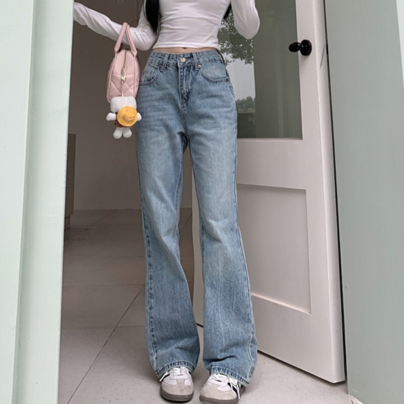 Blugi de damă simpli de modă Pantaloni drepți de denim cu talie înaltă pentru femei Pantaloni de mop albaștri retro Pantaloni lați pentru femei