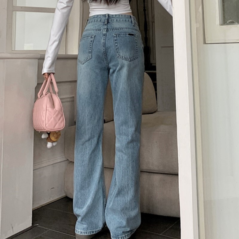 Blugi de damă simpli de modă Pantaloni drepți de denim cu talie înaltă pentru femei Pantaloni de mop albaștri retro Pantaloni lați pentru femei