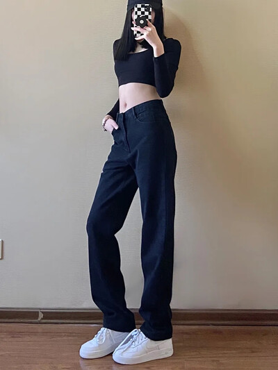 Korea naiste teksapüksid, sirge disainiga mustad vabaaja püksid 2024, uued igapäevased klassikalised reisijad naistele