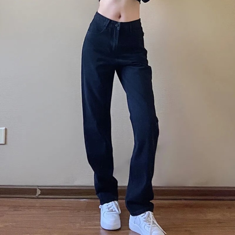 Korea naiste teksapüksid, sirge disainiga mustad vabaaja püksid 2024, uued igapäevased klassikalised reisijad naistele