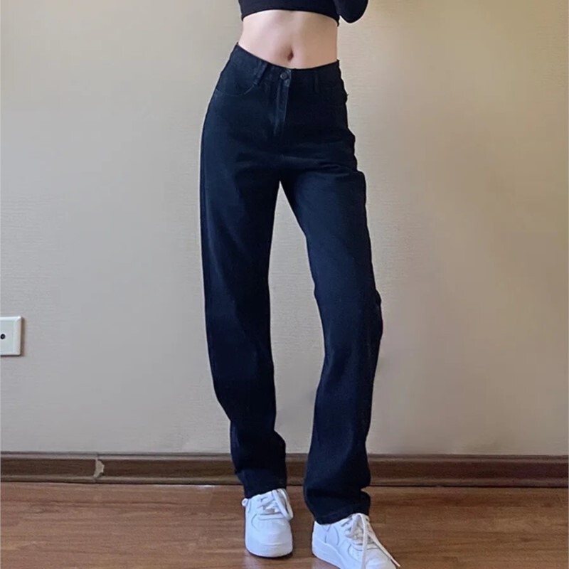 Korea naiste teksapüksid, sirge disainiga mustad vabaaja püksid 2024, uued igapäevased klassikalised reisijad naistele