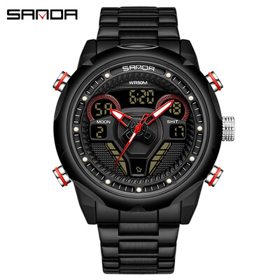 SANDA Ανδρικά αθλητικά ρολόγια ηλεκτρονίων Αδιάβροχο χρονόμετρο από ανοξείδωτο χάλυβα Διπλής οθόνης Χαλαζία Ρολόι χειρός LED Ψηφιακό ανδρικό ρολόι