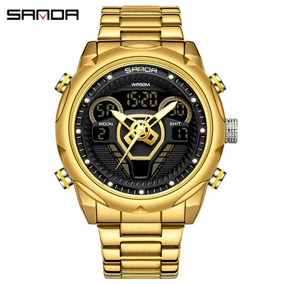 SANDA Ανδρικά αθλητικά ρολόγια ηλεκτρονίων Αδιάβροχο χρονόμετρο από ανοξείδωτο χάλυβα Διπλής οθόνης Χαλαζία Ρολόι χειρός LED Ψηφιακό ανδρικό ρολόι