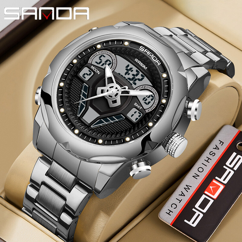 SANDA Ανδρικά αθλητικά ρολόγια ηλεκτρονίων Αδιάβροχο χρονόμετρο από ανοξείδωτο χάλυβα Διπλής οθόνης Χαλαζία Ρολόι χειρός LED Ψηφιακό ανδρικό ρολόι