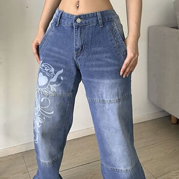 Harajuku printed Cargo Jeans Y2K Σκούρο μπλε καφέ Ψηλόμεση Streetwear 90S φαρδύ τζιν Γυναικείο παντελόνι Ίσιο φαρδύ τζιν