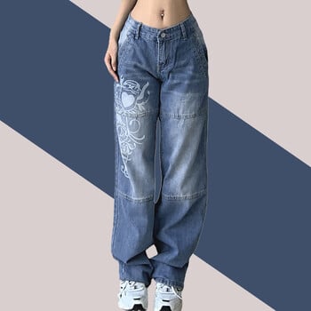 Harajuku printed Cargo Jeans Y2K Σκούρο μπλε καφέ Ψηλόμεση Streetwear 90S φαρδύ τζιν Γυναικείο παντελόνι Ίσιο φαρδύ τζιν