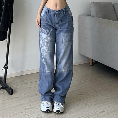 Blugi Cargo imprimați Harajuku Y2K Albastru închis maro Talie înaltă Streetwear Anii 90 Blugi largi Pantaloni pentru femei Blugi drepti cu picioare largi