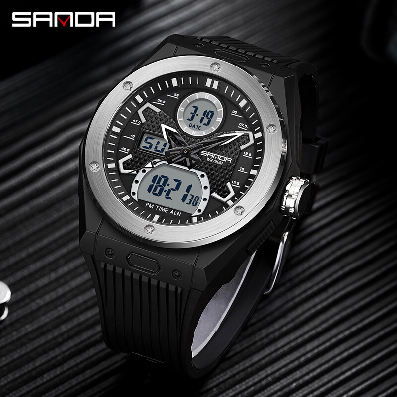 SANDA Vodootporni muški satovi za sportove na otvorenom s dvostrukim zaslonom, LED digitalni ručni sat s kronografom, elektronički sat SANDA