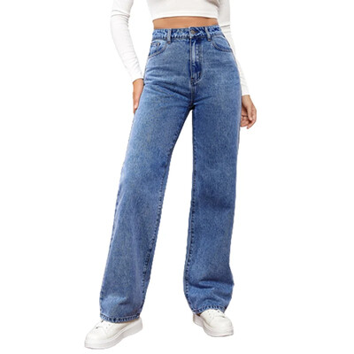 2024 Noua culoare solidă, comozi, casual, blugi drepti, pantaloni versatili de denim pentru femei, pantaloni elastici cu talie înaltă