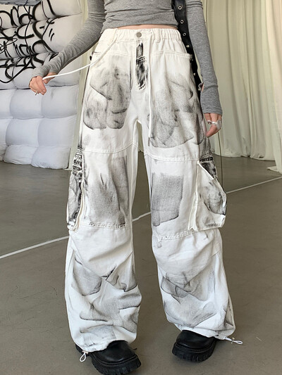 2023 Ropa Grunge Y2K Streetwear Alb Baggy Cargo Jeans Pantaloni pentru femei Îmbrăcăminte drepte largi Lady Hip Hop Harajuku