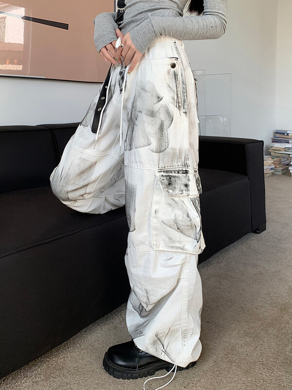 2023 Ropa Grunge Y2K Streetwear Alb Baggy Cargo Jeans Pantaloni pentru femei Îmbrăcăminte drepte largi Lady Hip Hop Harajuku