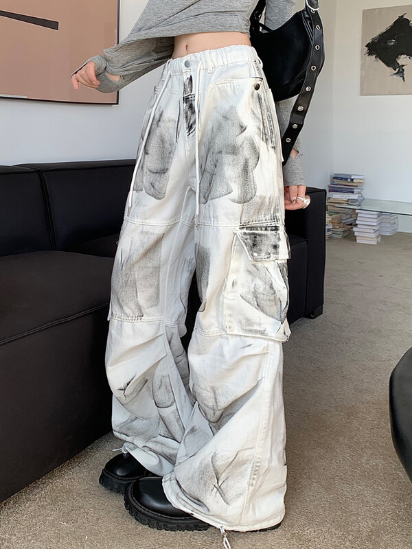 2023 Ropa Grunge Y2K Streetwear Alb Baggy Cargo Jeans Pantaloni pentru femei Îmbrăcăminte drepte largi Lady Hip Hop Harajuku