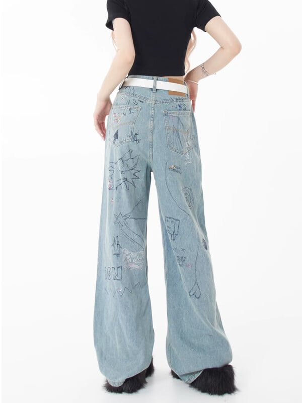 Пролетен и есенен сезон Нов малък пазарен дизайн Смислен принт Графити Прав барел Персонализирани дънки Дамски дънки