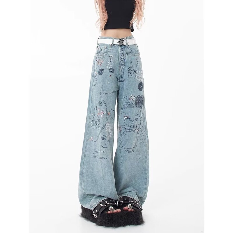 Пролетен и есенен сезон Нов малък пазарен дизайн Смислен принт Графити Прав барел Персонализирани дънки Дамски дънки