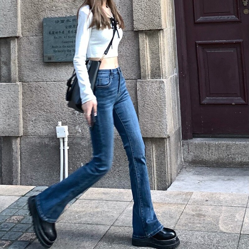 Flare Jeans Ženske izbijeljene traperice u korejskom stilu Chic Slim Trendy rastezljive hipsterske retro elegantne Ulzzang College Street ženske pune dužine
