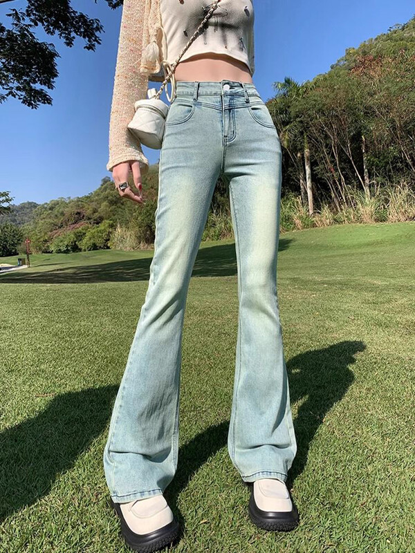 Heledad kõrge vöökohaga laienevad teksased naistele suvi 2024 uued kitsad põrandani ulatuvad püksid kergelt elastsed pikad püksid