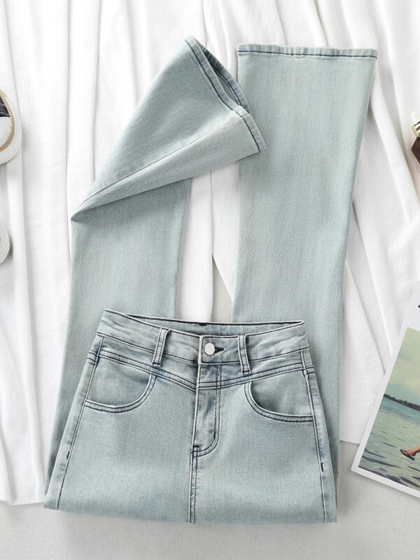 Heledad kõrge vöökohaga laienevad teksased naistele suvi 2024 uued kitsad põrandani ulatuvad püksid kergelt elastsed pikad püksid