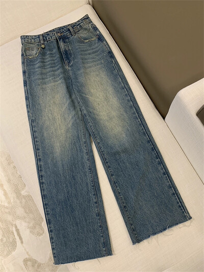 Blugi subțiri cu picior lat pentru femei, cu design vintage, pantaloni largi, stil de stradă, pantaloni drepți din denim cu talie înaltă pentru femei