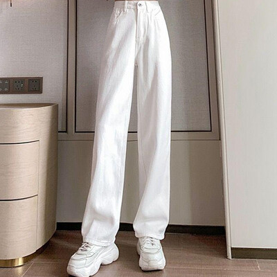 Дамски пролетни широки дънки с висока талия Lady Street Корейска версия широки панталони Бели модни прави панталони