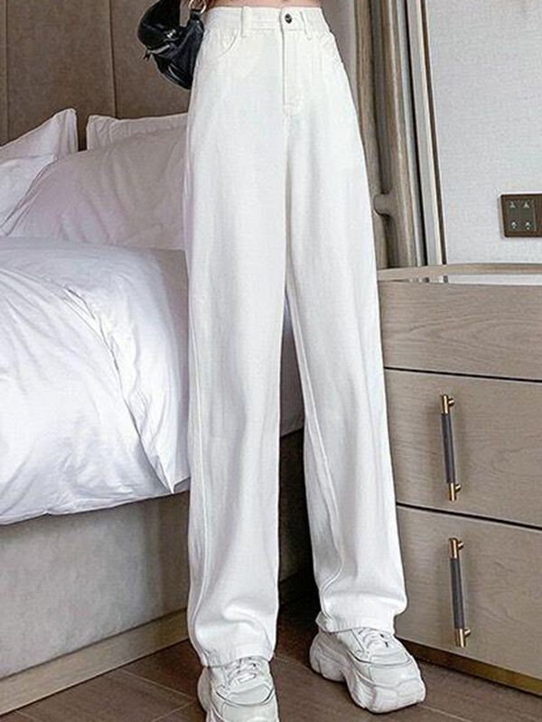 Дамски пролетни широки дънки с висока талия Lady Street Корейска версия широки панталони Бели модни прави панталони