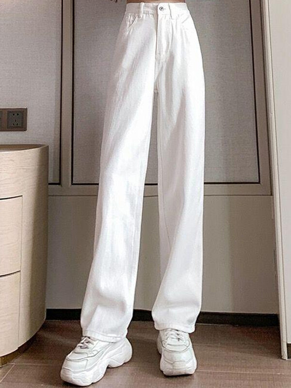 Дамски пролетни широки дънки с висока талия Lady Street Корейска версия широки панталони Бели модни прави панталони