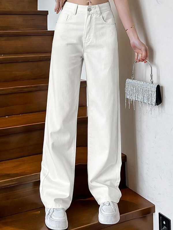 Дамски пролетни широки дънки с висока талия Lady Street Корейска версия широки панталони Бели модни прави панталони