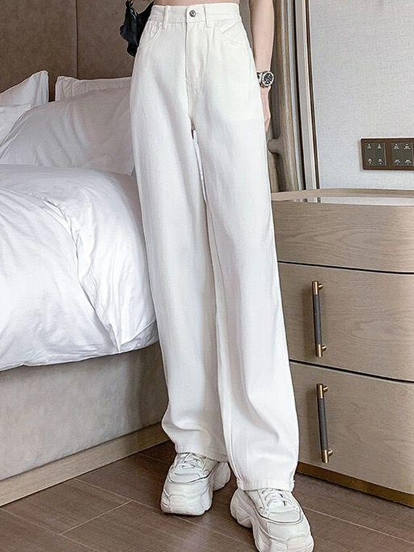 Дамски пролетни широки дънки с висока талия Lady Street Корейска версия широки панталони Бели модни прави панталони