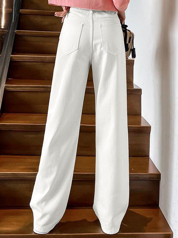 Дамски пролетни широки дънки с висока талия Lady Street Корейска версия широки панталони Бели модни прави панталони