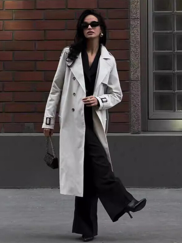 Mantoană lungă de damă, cu două piepte, cu buzunare, rever la modă largi, nou în paltoane 2024, toamnă iarnă, îmbrăcăminte exterioară pentru femei