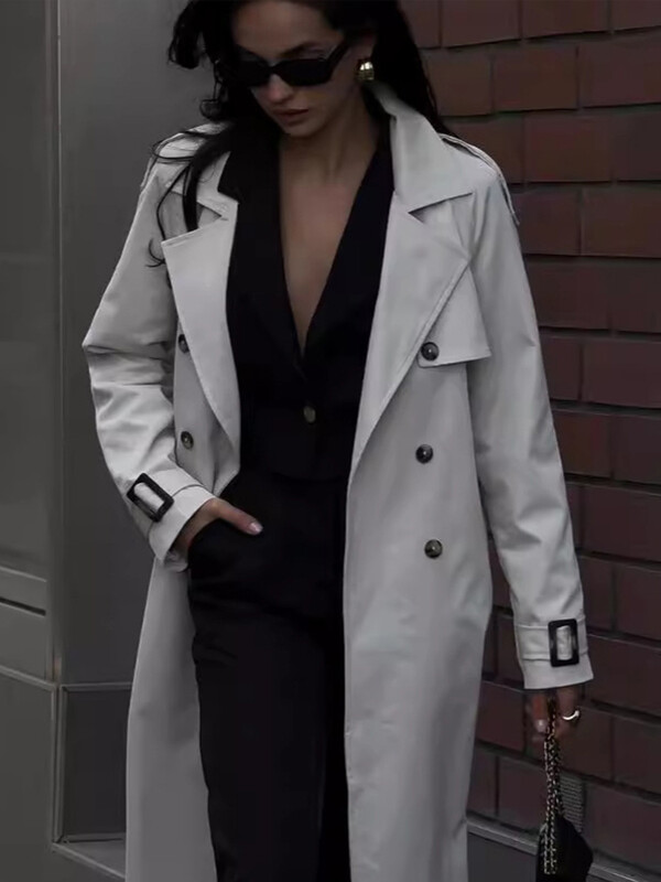 Mantoană lungă de damă, cu două piepte, cu buzunare, rever la modă largi, nou în paltoane 2024, toamnă iarnă, îmbrăcăminte exterioară pentru femei