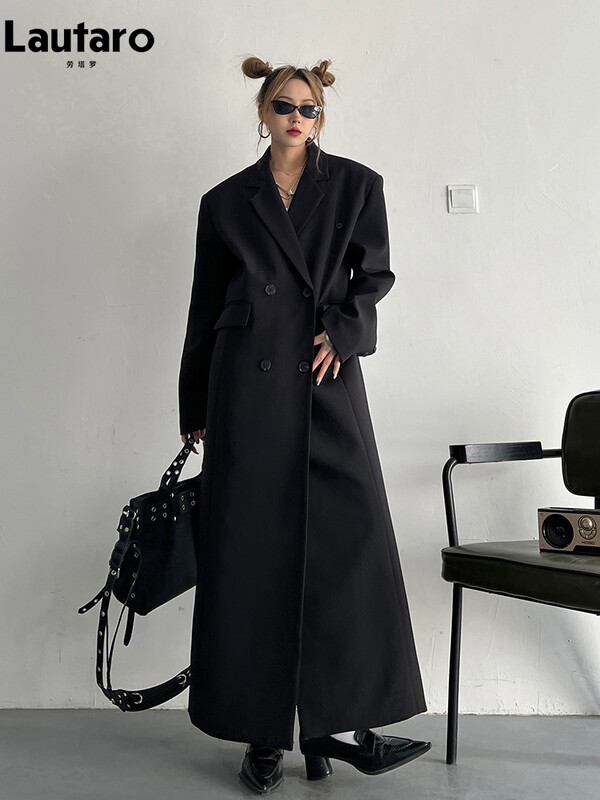 Lautaro proljeće jesen dugi sivi crni trenč kaput za žene s dvostrukim kopčanjem široke ležerne korejske modne odjeće Blazer 2023.
