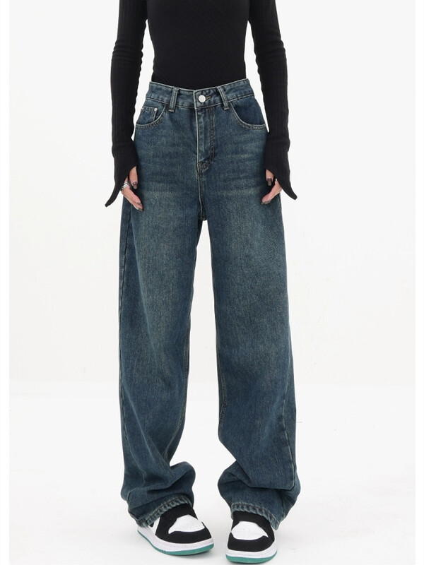 Design cu nasturi de damă Blugi subțiri cu picior lat albastru vintage Pantaloni largi în stil de stradă Pantaloni drepți din denim cu talie înaltă pentru femei