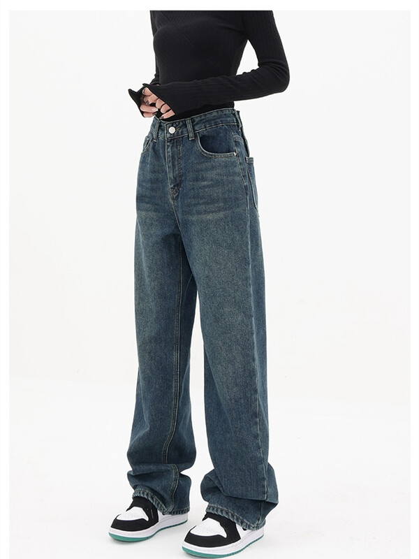Design cu nasturi de damă Blugi subțiri cu picior lat albastru vintage Pantaloni largi în stil de stradă Pantaloni drepți din denim cu talie înaltă pentru femei