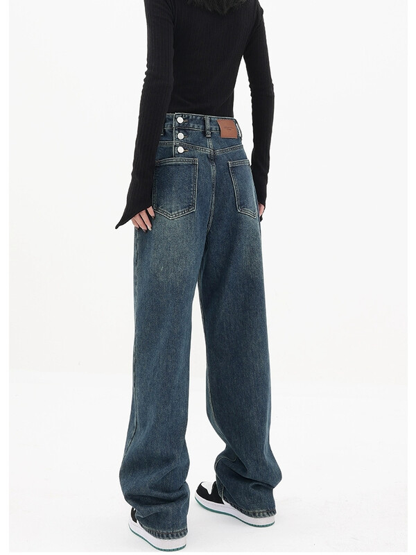 Design cu nasturi de damă Blugi subțiri cu picior lat albastru vintage Pantaloni largi în stil de stradă Pantaloni drepți din denim cu talie înaltă pentru femei