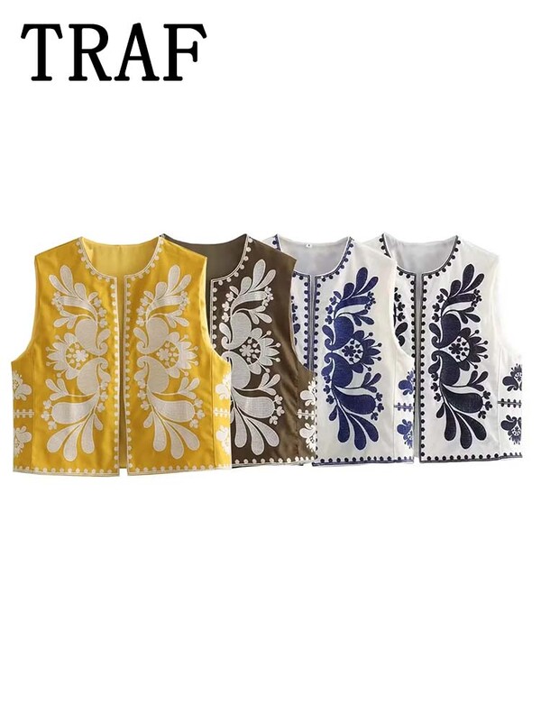 TRAF 2024 naiste vintage lilltikandiga lühike vestiga jakk Naiste rahvuslikus stiilis vestid naistele vabaaja šikkad vöötopid