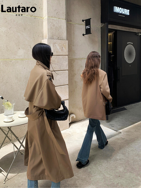 Lautaro kevad-sügisne ülisuur khaki-hall naiste mantel, kaherealine vaba vabaaja Korea moodne mantel 2024