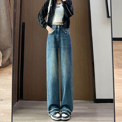 Blugi de damă cu talie înaltă, cu talie înaltă, pantaloni largi pentru femei, ocazional în formă de pară, cu design retro, pantaloni lungi cu senzație