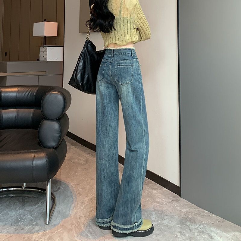 Blugi de damă cu talie înaltă, cu talie înaltă, pantaloni largi pentru femei, ocazional în formă de pară, cu design retro, pantaloni lungi cu senzație