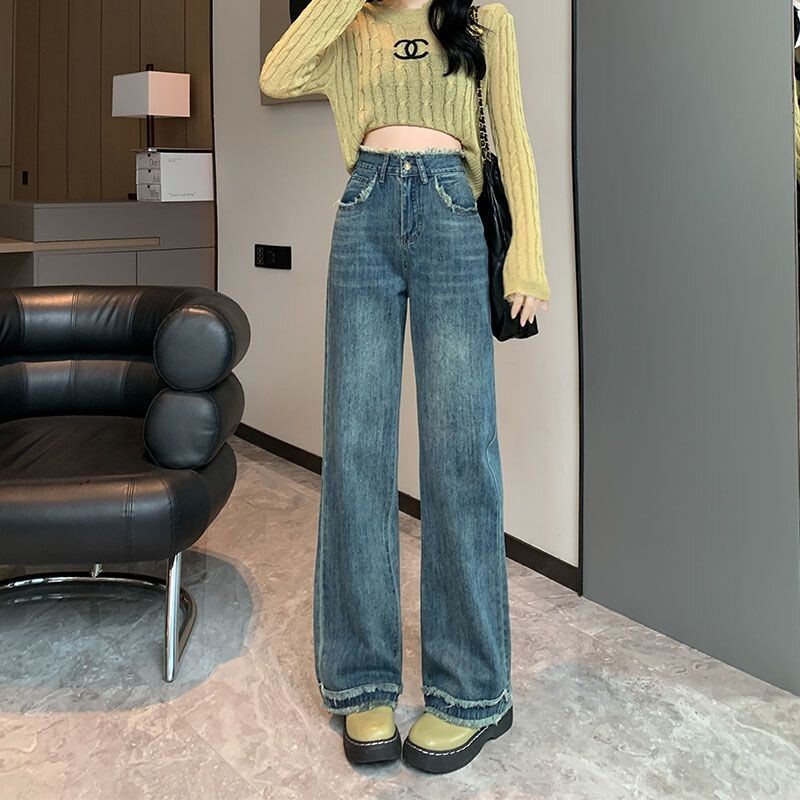 Blugi de damă cu talie înaltă, cu talie înaltă, pantaloni largi pentru femei, ocazional în formă de pară, cu design retro, pantaloni lungi cu senzație
