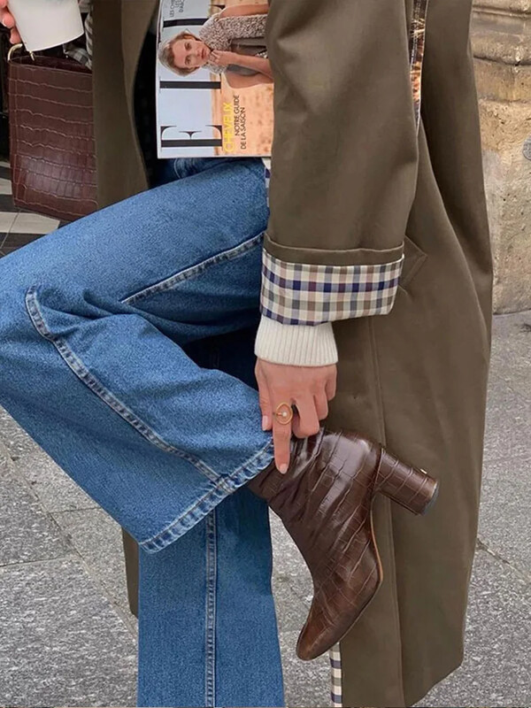 Căptușeală în carouri Pachet cu rever cu un singur piept, cu buzunar, femei, cu mâneci lungi, versatile, paltoane lungi, pardesiu șic de toamnă