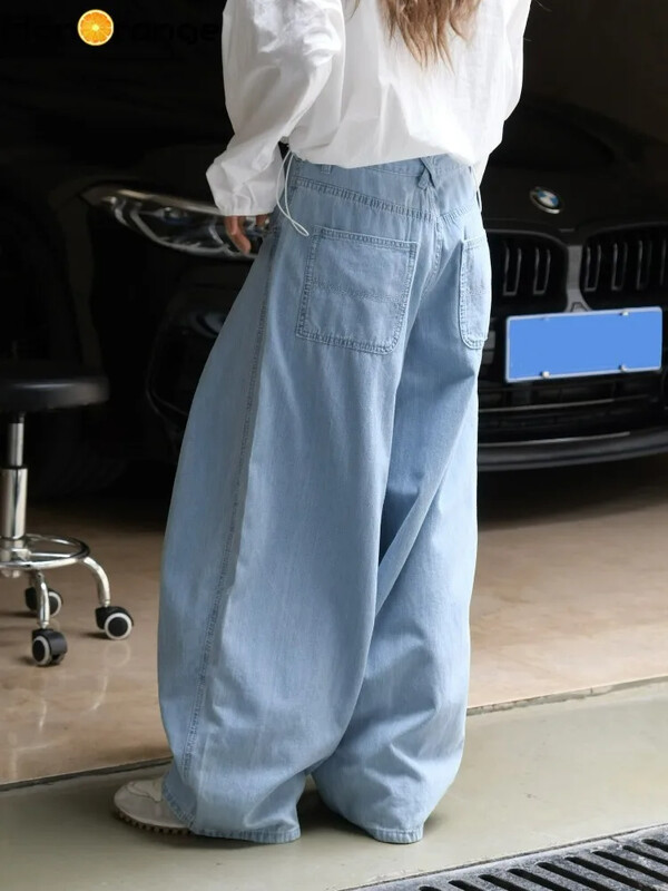 HanOrange 2024 sügis vabaaja kaarjas laia säärega teksad Naiste pehmed lahtised laternaga teksapüksid helesinised