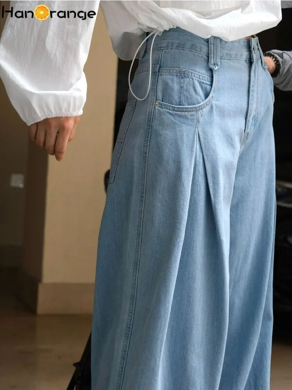 HanOrange 2024 sügis vabaaja kaarjas laia säärega teksad Naiste pehmed lahtised laternaga teksapüksid helesinised