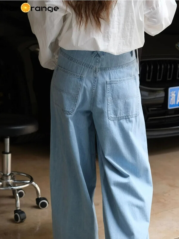 HanOrange 2024 sügis vabaaja kaarjas laia säärega teksad Naiste pehmed lahtised laternaga teksapüksid helesinised