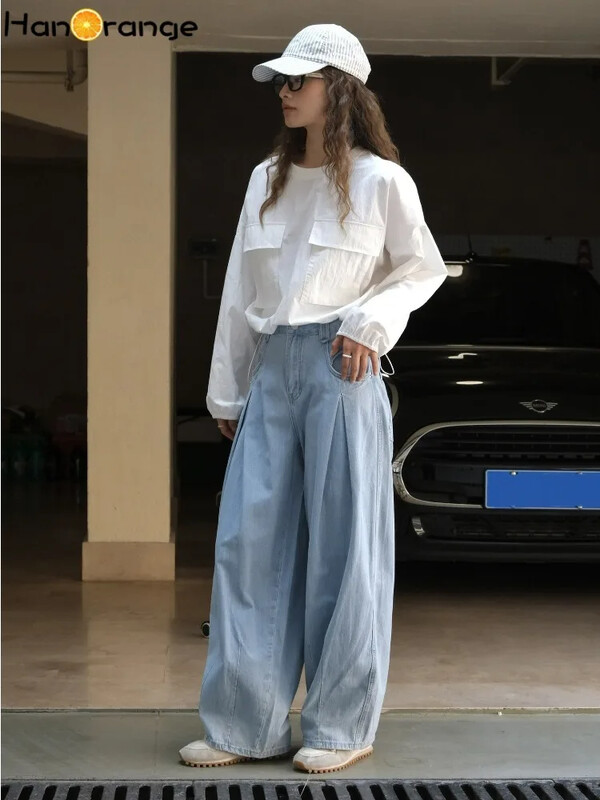 HanOrange 2024 sügis vabaaja kaarjas laia säärega teksad Naiste pehmed lahtised laternaga teksapüksid helesinised